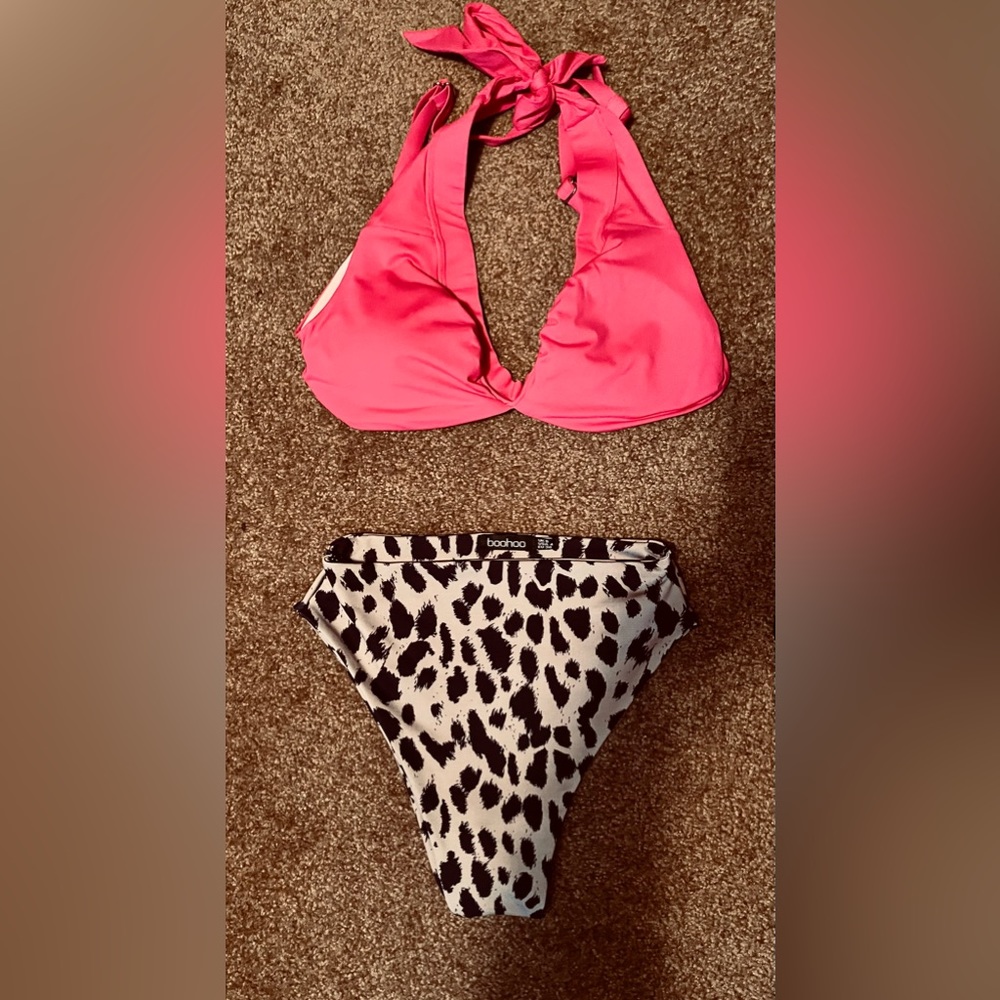 boohoo  Leopard
High Waisted Bikini Brief & Pink Top. FREE NWT sheer coverup.